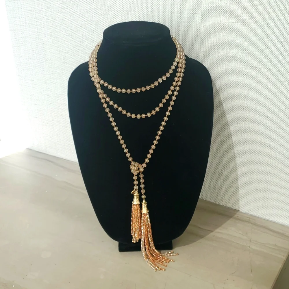 Marlyn Schiff Elegant Crystal Beads and Gold Tassel Layered Necklace